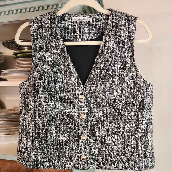 Abercrombie & Fitch Women's Tweed Vest Black White Button Front Size M - Picture 1 of 7